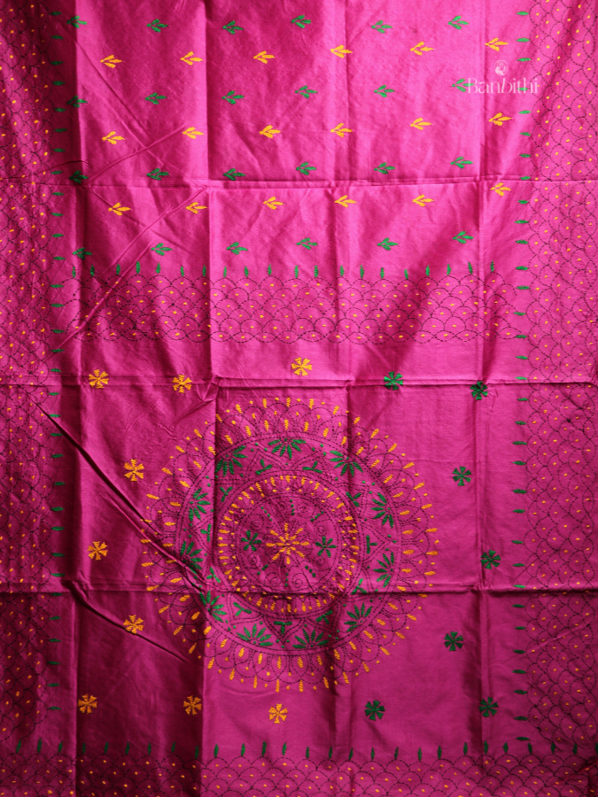 Hand Embroidered Saree – Magenta with Yellow & Green Thread