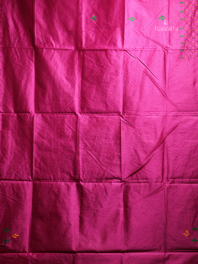 Hand Embroidered Saree – Magenta with Yellow & Green Thread