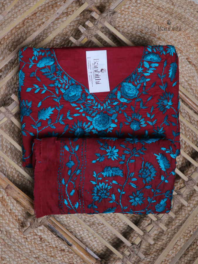 Hand Embroidered Cotton Suit Set – 3 Pcs Maroon with Blue