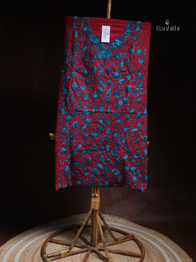 Hand Embroidered Cotton Suit Set – 3 Pcs Maroon with Blue