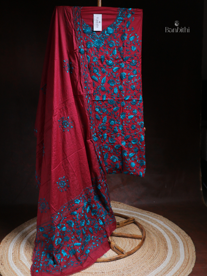 Hand Embroidered Cotton Suit Set – 3 Pcs Maroon with Blue
