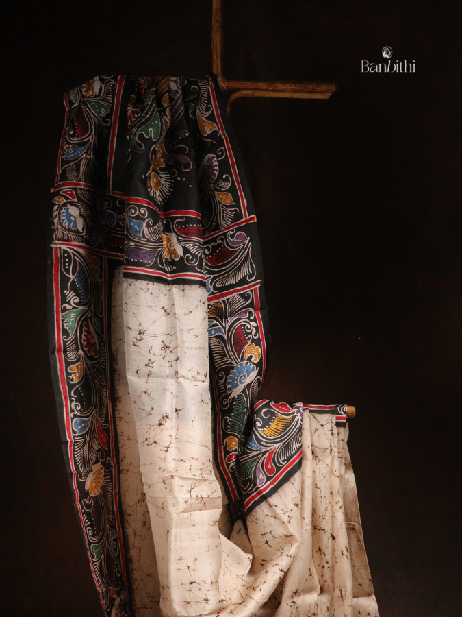 Hand Brush Batik Murshidabad Silk Saree – Off White with Multicolour