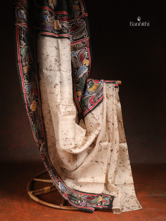 Hand Brush Batik Murshidabad Silk Saree – Off White with Multicolour