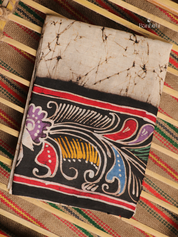 Hand Brush Batik Murshidabad Silk Saree – Off White with Multicolour