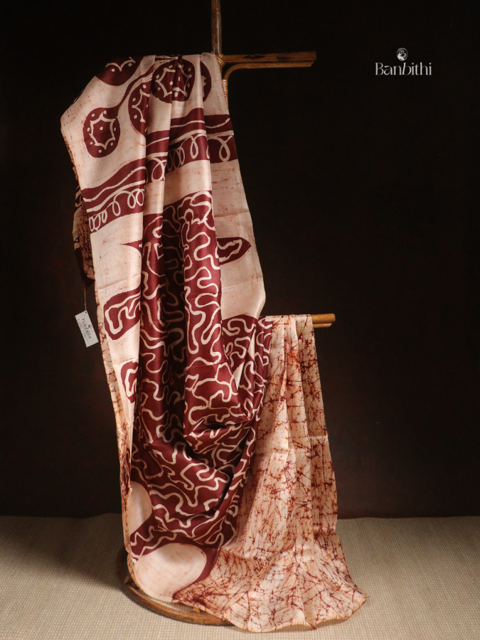 Hand Batik Murshidabad Mulberry Silk Saree – Off White with Brown (Variant 1)