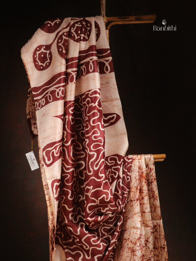 Hand Batik Murshidabad Mulberry Silk Saree – Off White with Brown (Variant 1)