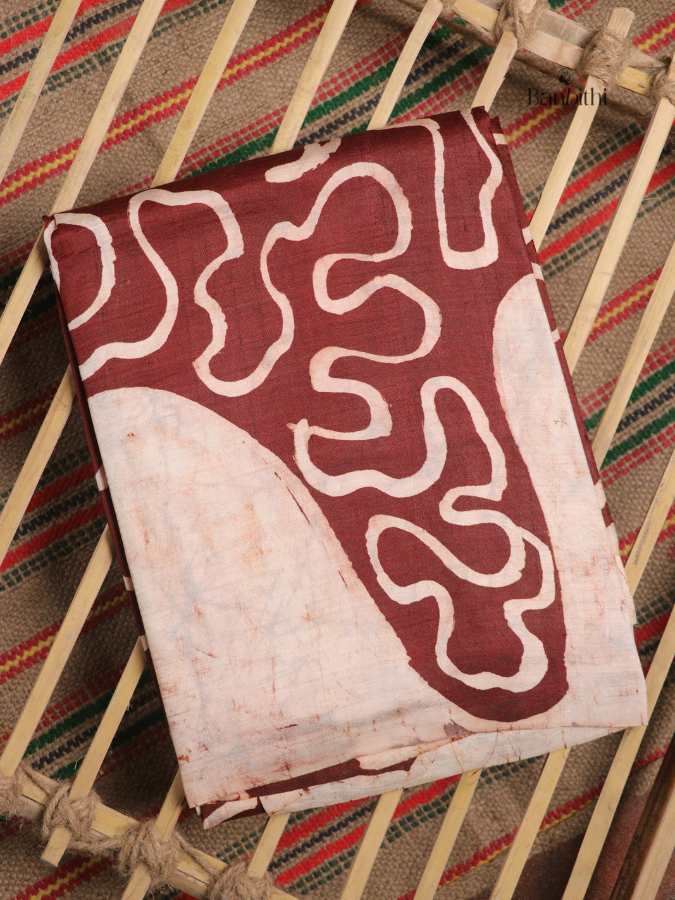 Hand Batik Murshidabad Mulberry Silk Saree – Off White with Brown (Variant 1)