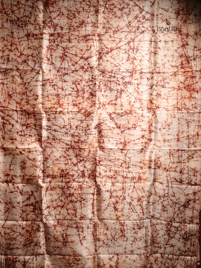 Hand Batik Murshidabad Mulberry Silk Saree – Off White with Brown (Variant 1)
