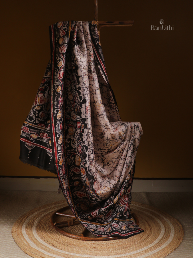 Hand Batik Abstract Murshidabad Silk Saree – Off White Multicolor Art