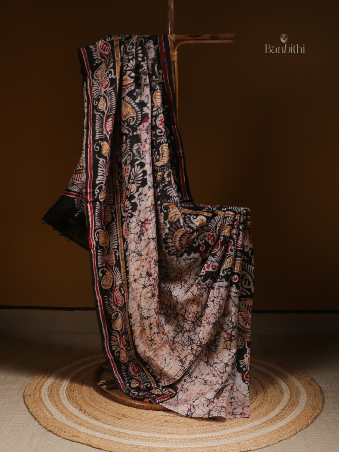 Hand Batik Abstract Murshidabad Silk Saree – Off White Multicolor Art