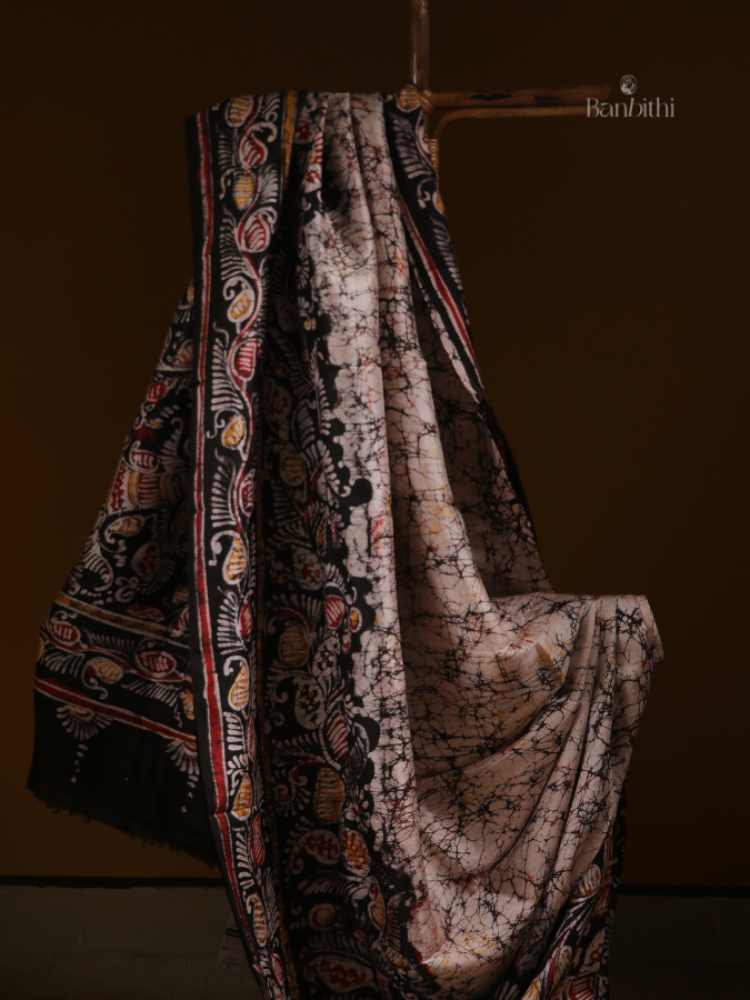 Hand Batik Abstract Murshidabad Silk Saree – Off White Multicolor Art