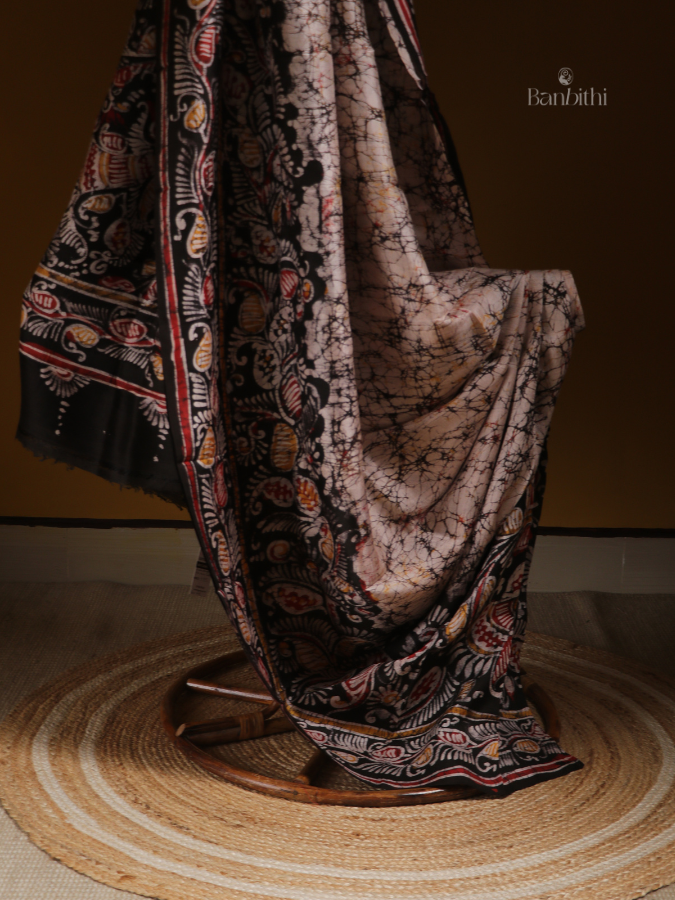 Hand Batik Abstract Murshidabad Silk Saree – Off White Multicolor Art