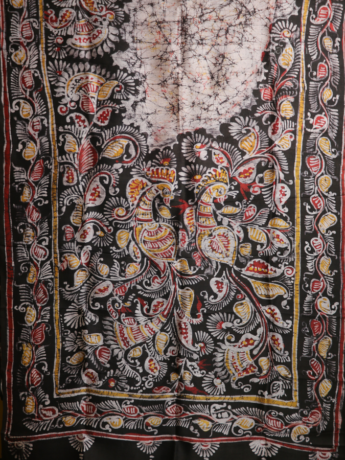 Hand Batik Abstract Murshidabad Silk Saree – Off White Multicolor Art