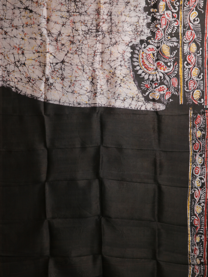 Hand Batik Abstract Murshidabad Silk Saree – Off White Multicolor Art
