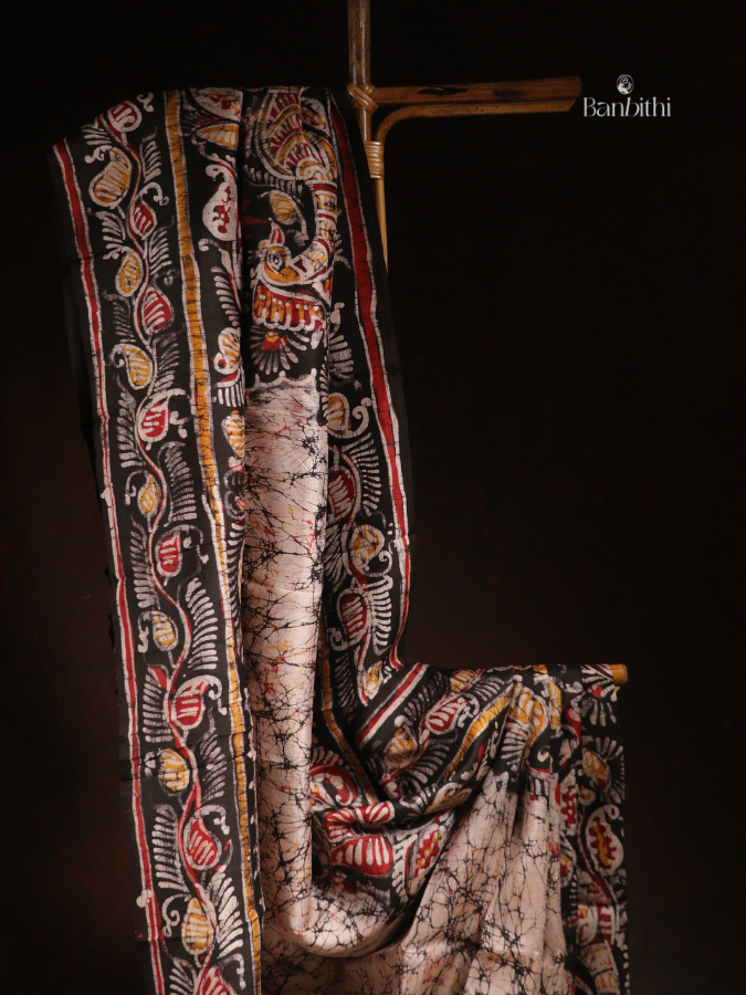 Hand Batik Murshidabad Mulberry Silk Saree – Off White with Brown (Variant 2)