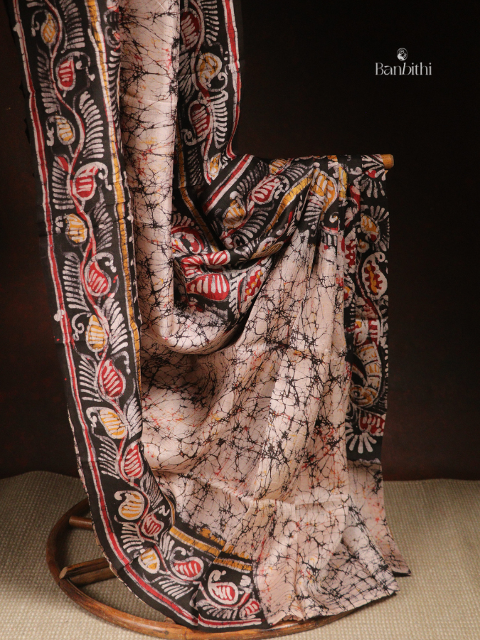 Hand Batik Murshidabad Mulberry Silk Saree – Off White with Brown (Variant 2)