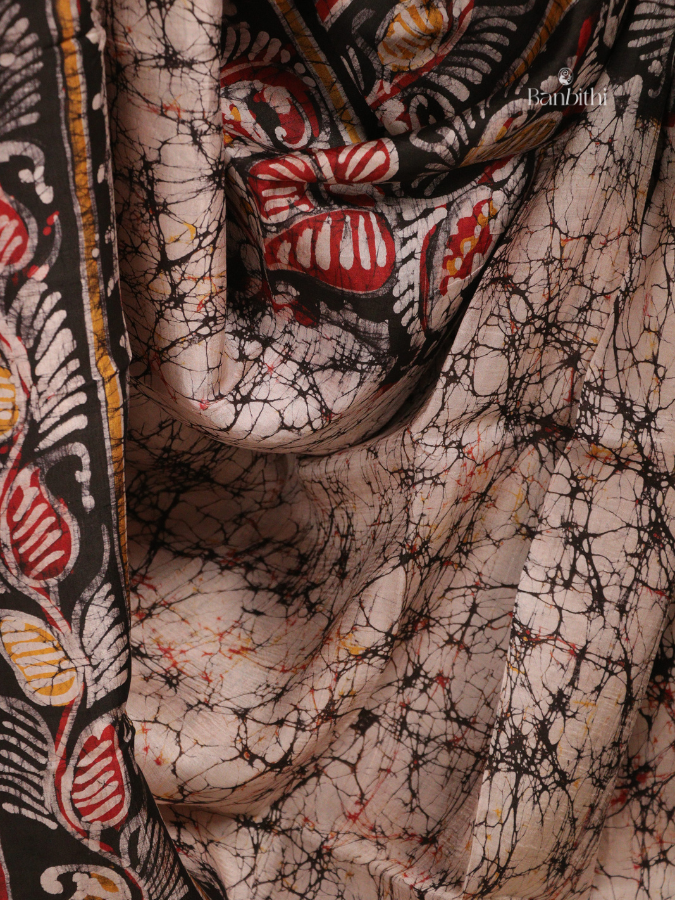 Hand Batik Murshidabad Mulberry Silk Saree – Off White with Brown (Variant 2)