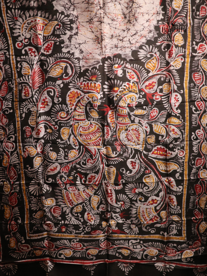 Hand Batik Murshidabad Mulberry Silk Saree – Off White with Brown (Variant 2)