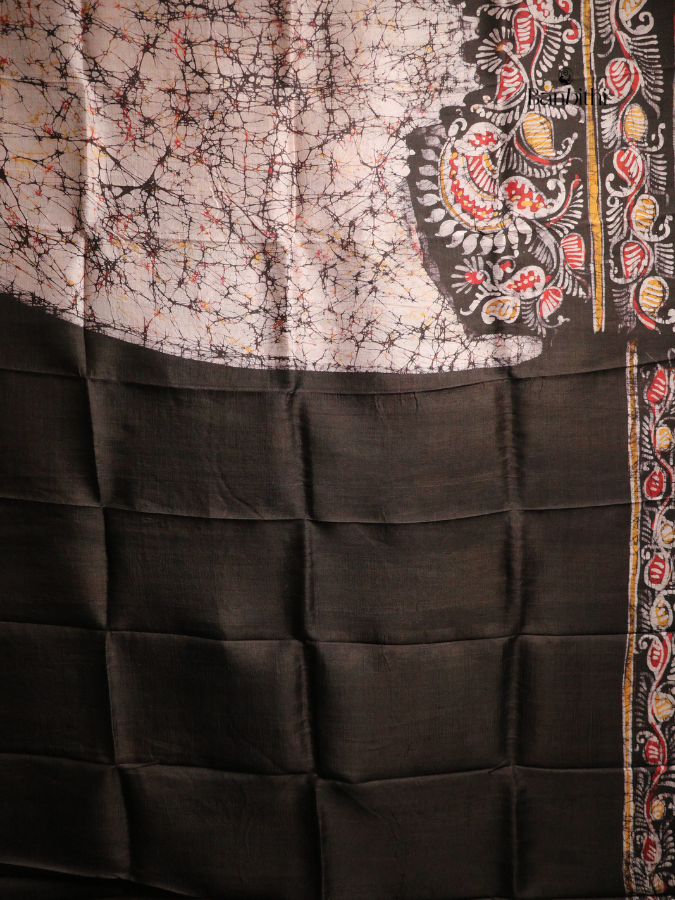 Hand Batik Murshidabad Mulberry Silk Saree – Off White with Brown (Variant 2)