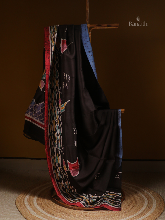 Hand Batik Murshidabad Silk Saree – Blue & Black Fusion