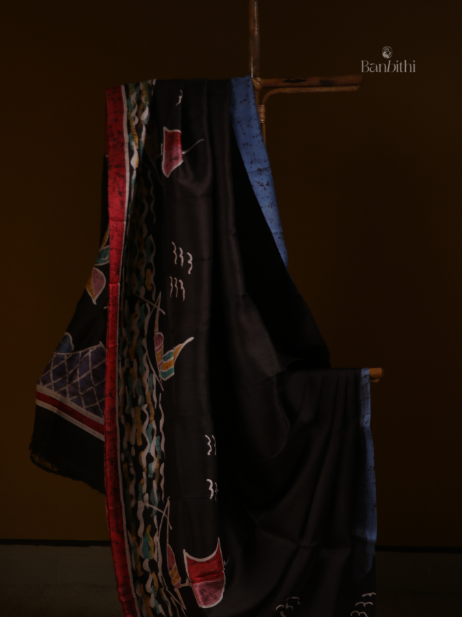 Hand Batik Murshidabad Silk Saree – Blue & Black Fusion