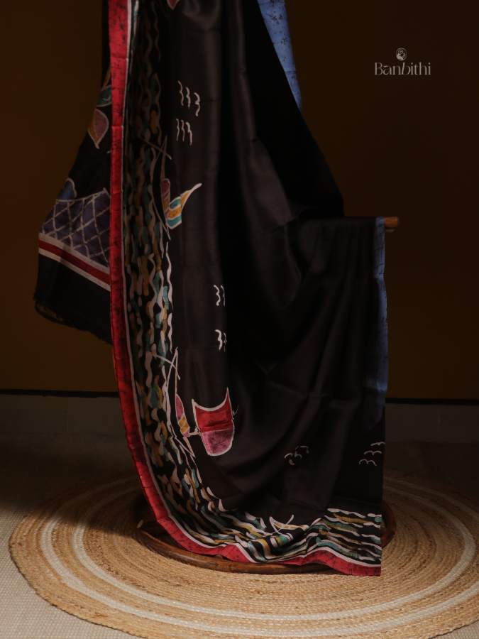 Hand Batik Murshidabad Silk Saree – Blue & Black Fusion