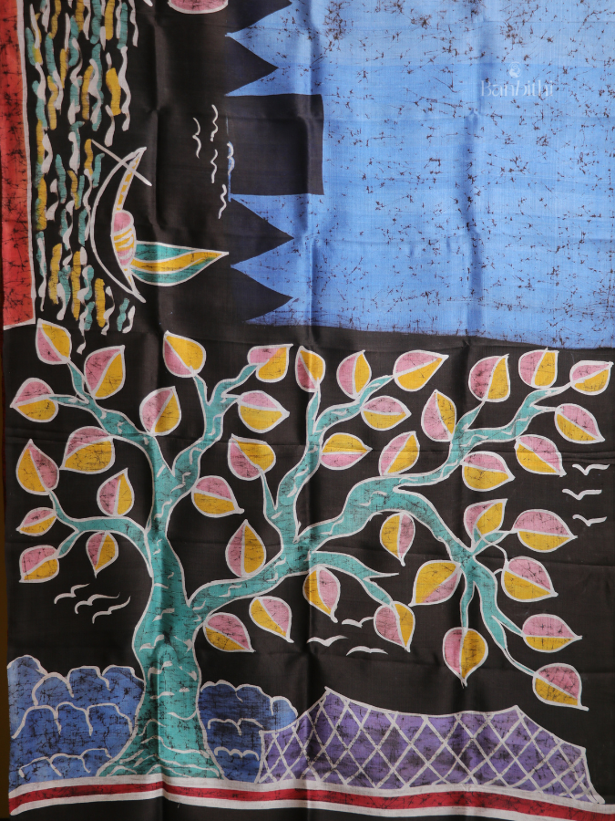 Hand Batik Murshidabad Silk Saree – Blue & Black Fusion