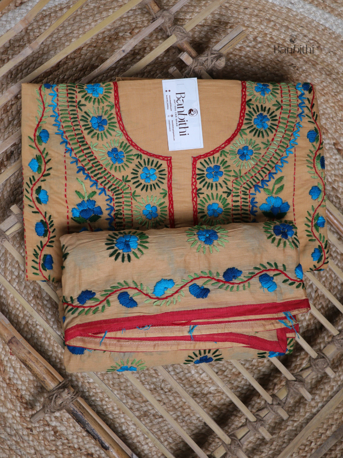 Hand Embroidered Cotton Suit Set – 3 Pcs Mustard Yellow