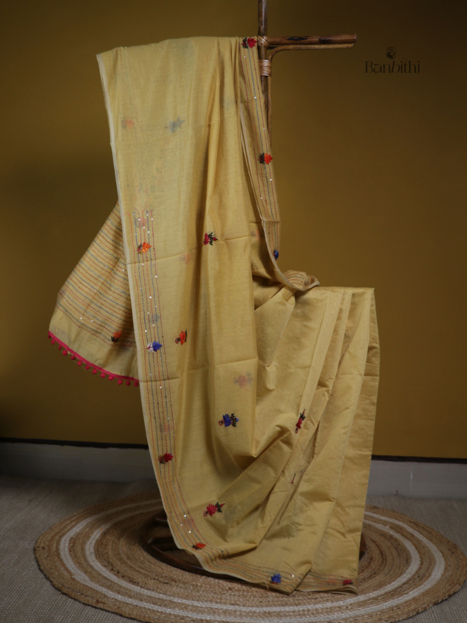 Mustard Multicolour Embroidered Saree