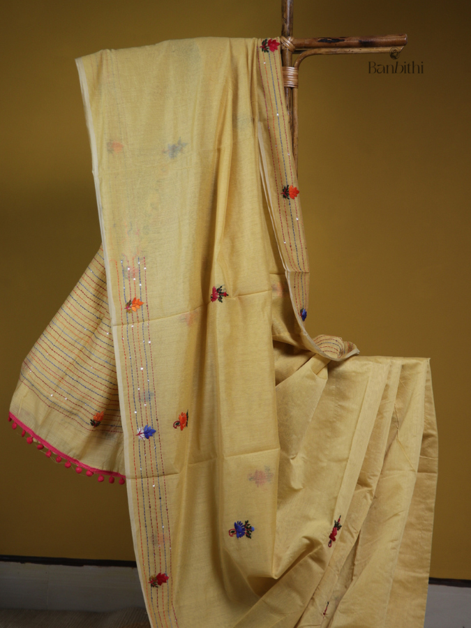 Mustard Multicolour Embroidered Saree
