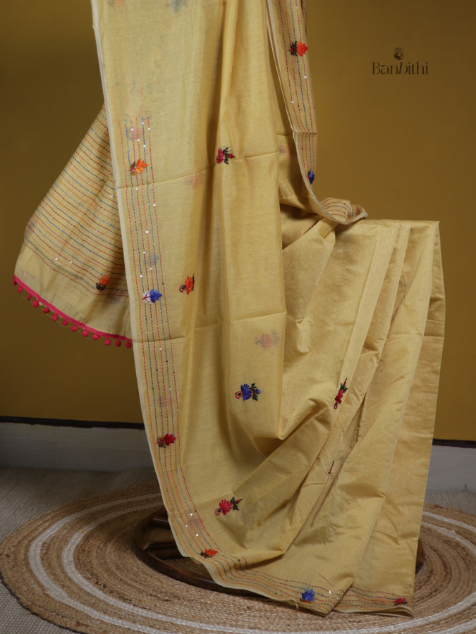 Mustard Multicolour Embroidered Saree
