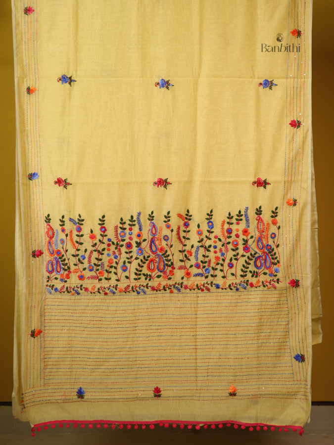 Mustard Multicolour Embroidered Saree