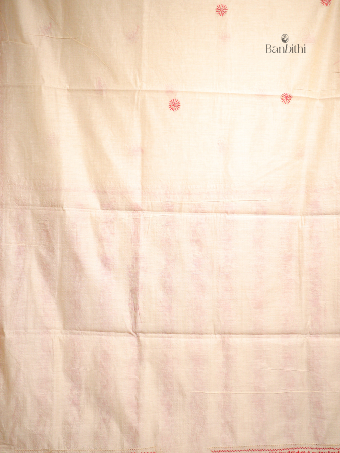 Hand Embroidered Sico Chanderi Saree – Off White with Red Thread