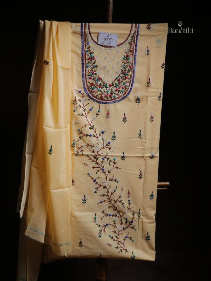 Hand Embroidered Cotton Suit Set – 3 Pcs OFF White Bullion