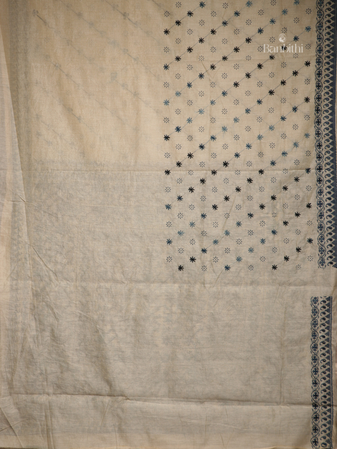 Hand Embroidered Saree – Off White with Black Thread (Variant 2)