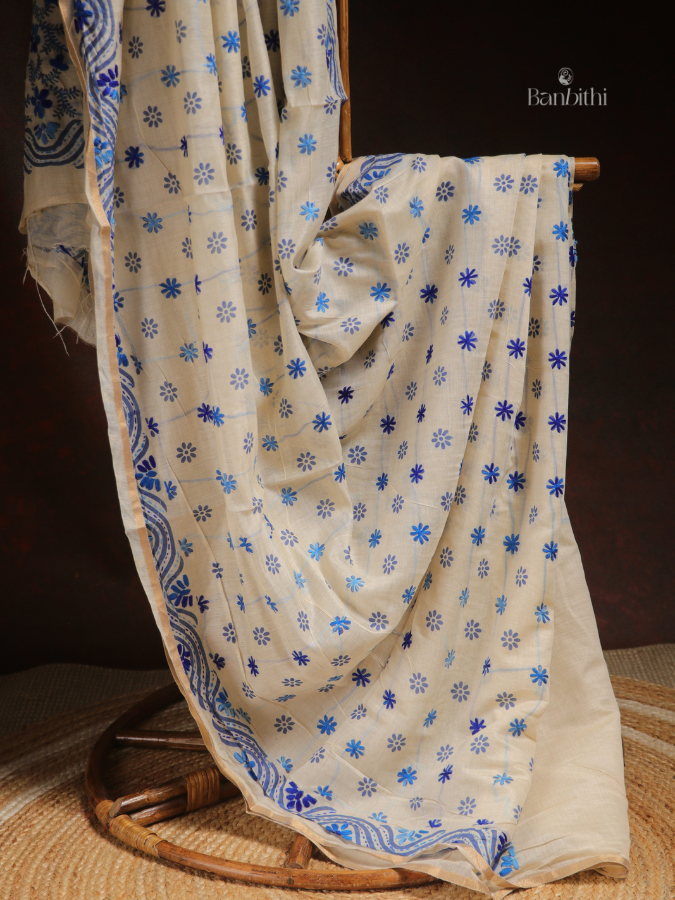 Hand Embroidered Saree – Off White with Blue Thread