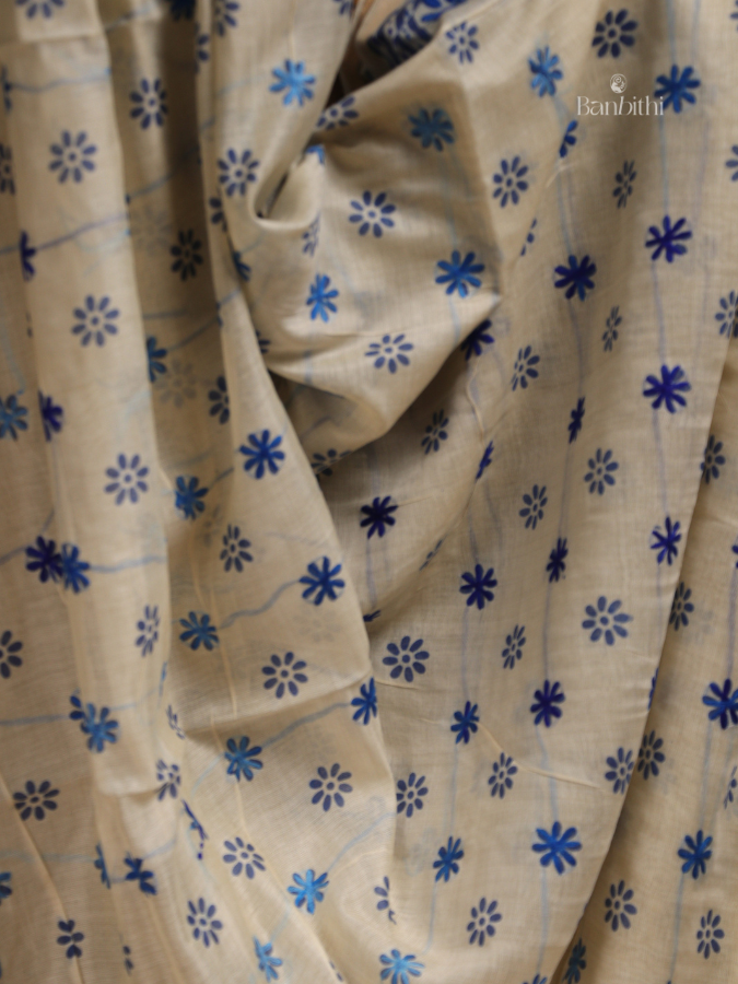 Hand Embroidered Saree – Off White with Blue Thread