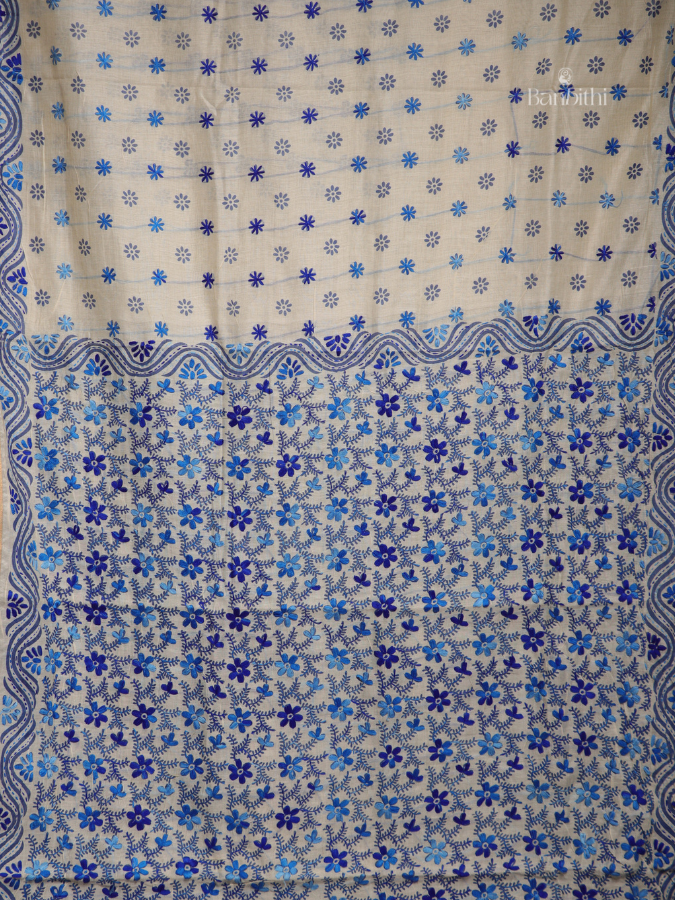 Hand Embroidered Saree – Off White with Blue Thread