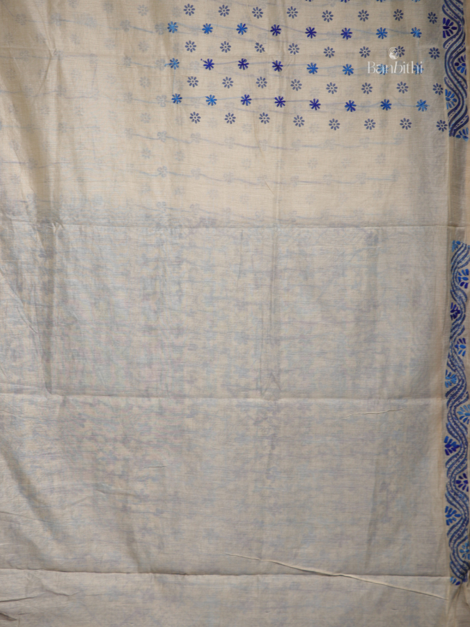 Hand Embroidered Saree – Off White with Blue Thread