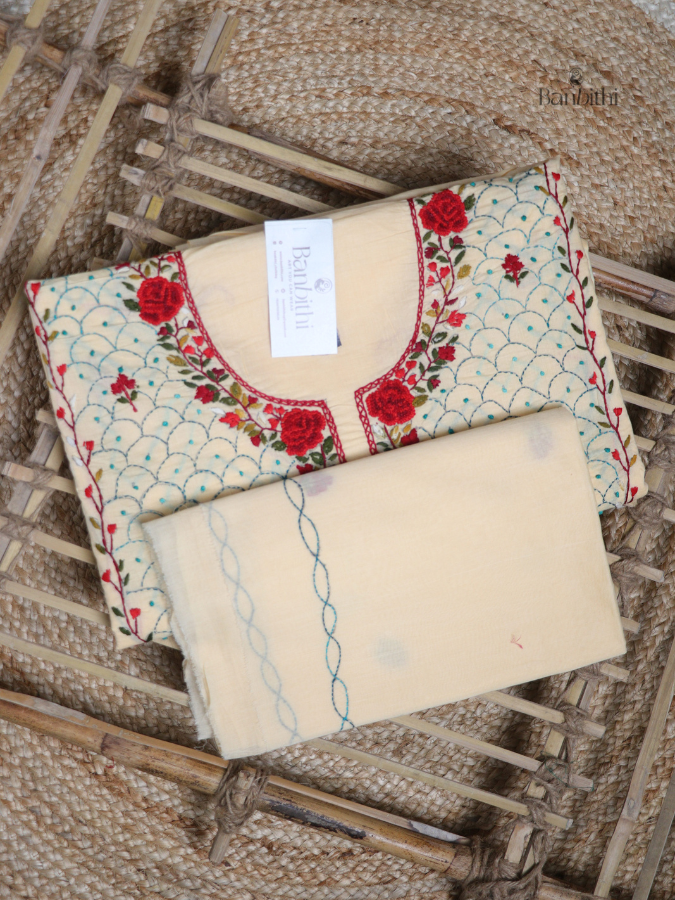 Hand Embroidered Cotton Suit Set – 3 Pcs OFF White Parasi Gara