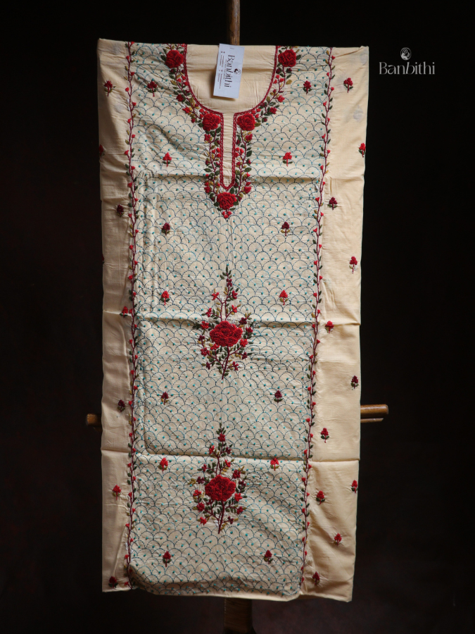 Hand Embroidered Cotton Suit Set – 3 Pcs OFF White Parasi Gara