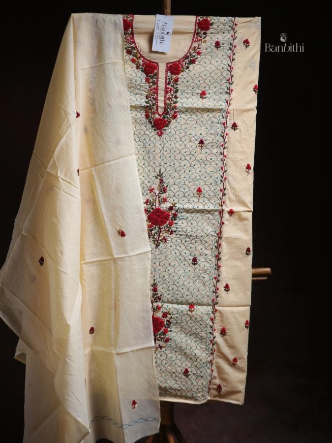 Hand Embroidered Cotton Suit Set – 3 Pcs OFF White Parasi Gara