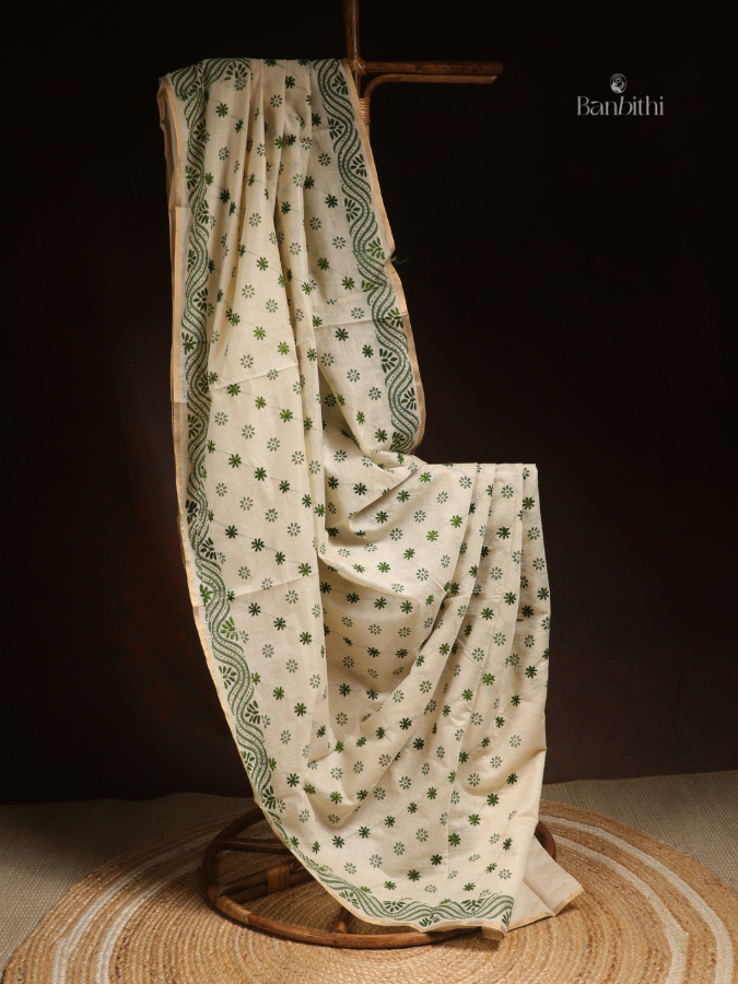Hand Embroidered Saree – Off White with Green Thread