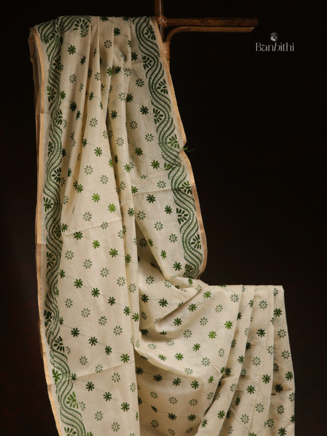 Hand Embroidered Saree – Off White with Green Thread