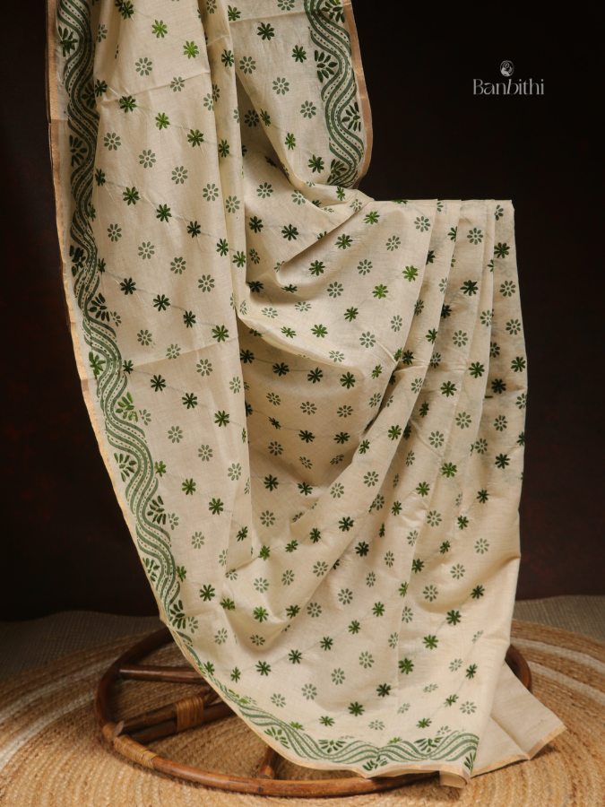 Hand Embroidered Saree – Off White with Green Thread
