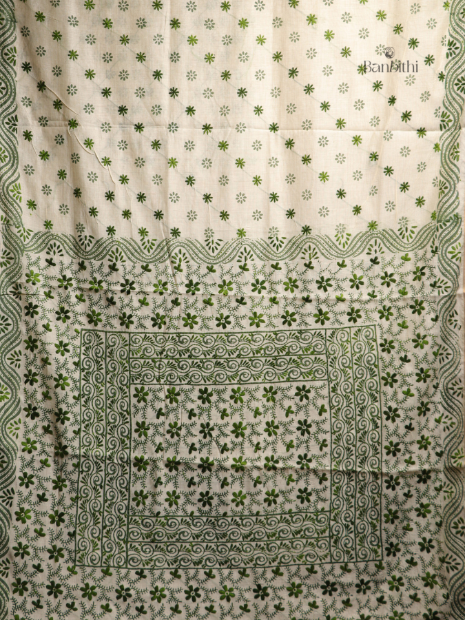 Hand Embroidered Saree – Off White with Green Thread