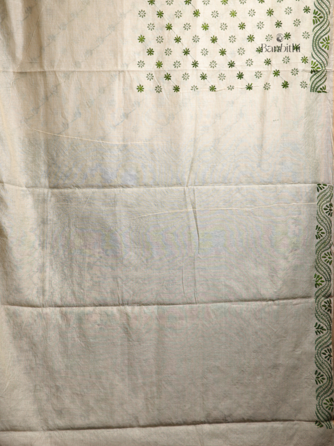 Hand Embroidered Saree – Off White with Green Thread