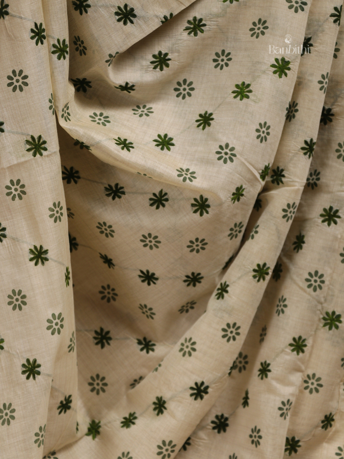 Hand Embroidered Saree – Off White with Green Thread