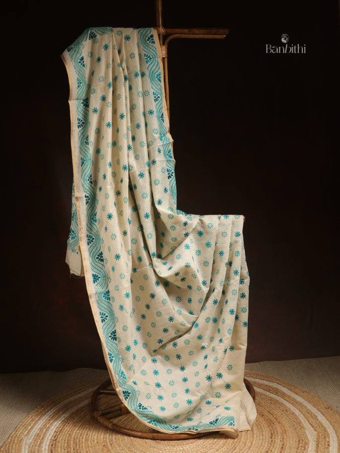 Hand Embroidered Saree – Off White with Light Green Thread