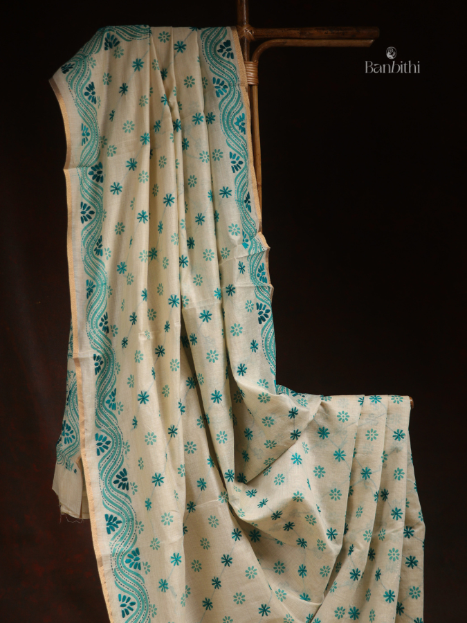 Hand Embroidered Saree – Off White with Light Green Thread